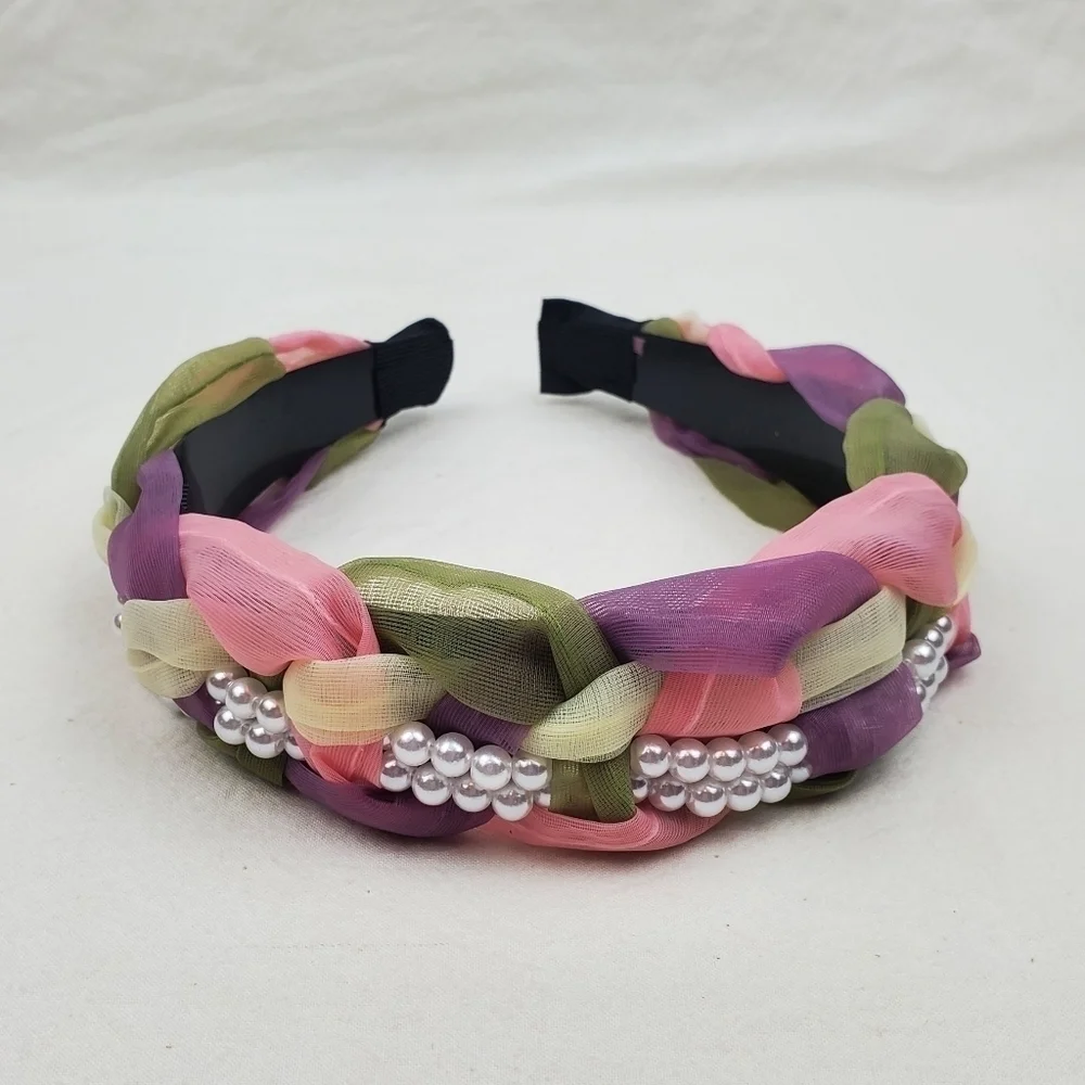 Faux pearl wide braided color block headband hair accessories
